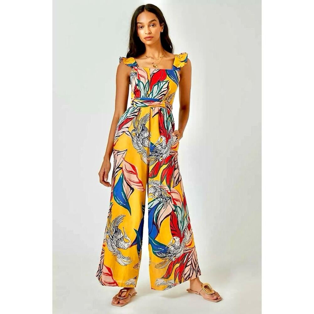 Bel Kazan Organic Cotton Tropical Maxi Length Jumpsuit wide leg women's size XL